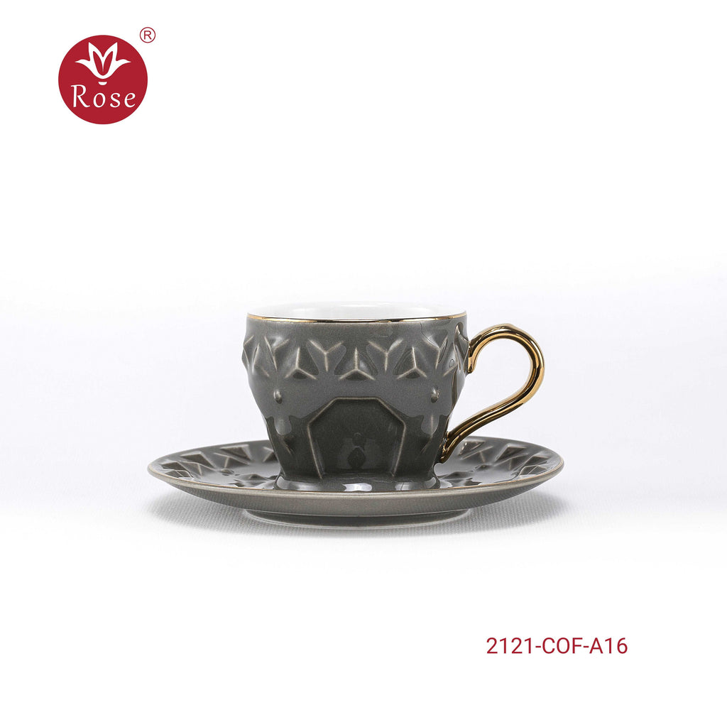 Coffee Cup & Saucer Set 6Pcs - Model 2121 Dark Grey