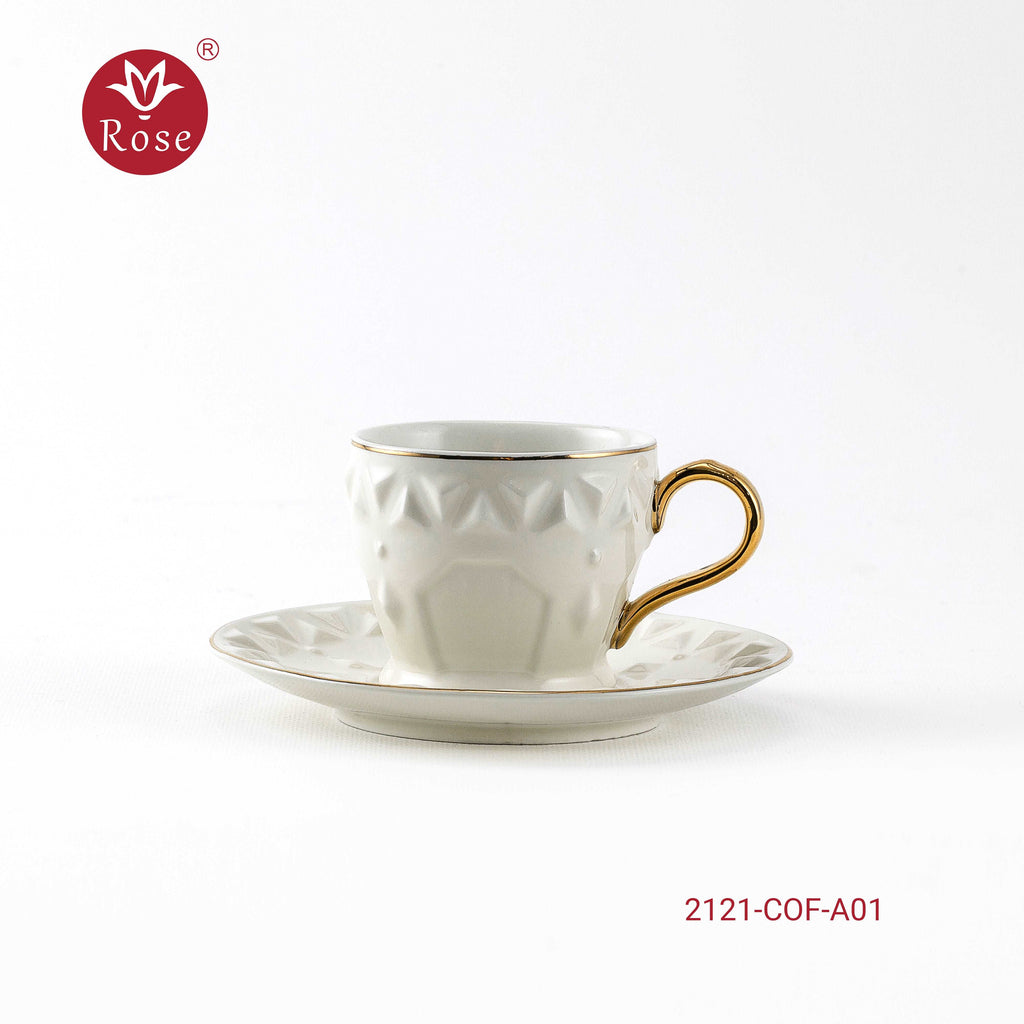 Coffee Cup & Saucer Set 6Pcs - Model 2121 White with Gold Line